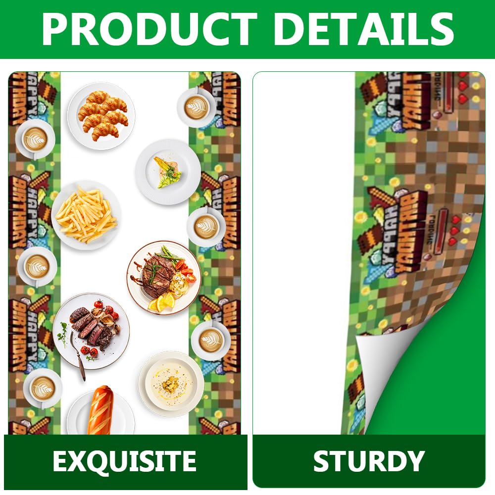 OLAPSATD Sandbox Game Theme Tablecloth, 3 Pcs Plastic Disposable Pixel Video Game Tablecovers Supplies Rectangle Sandbox Miner Decorations
