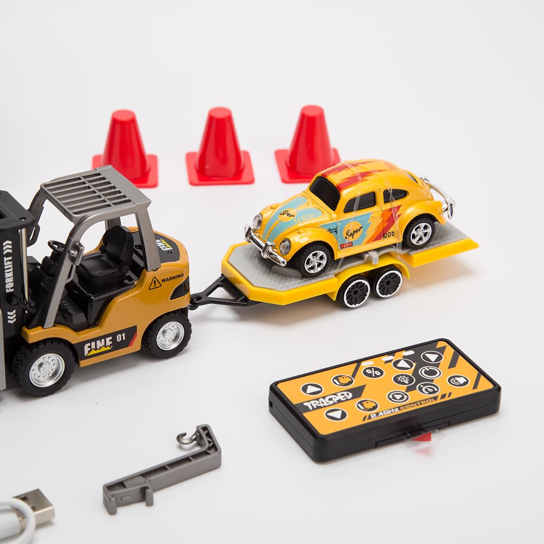 RC Forklift Truck with Trailer, 1/64 Mini Alloy Remote Control Forklift, 2 Mode Speed Truck with Cargo Hook, Pallets, RC Construction Vehicles