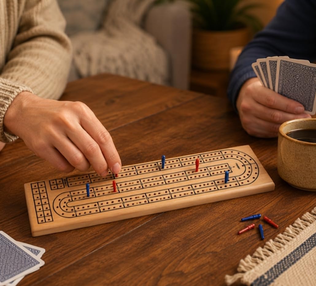 Natural Wooden 2 Track Cribbage Board with 6 Plastic Pegs, Classic Cribbage Game Board with Black Printed Tracks, Backside Peg Storage, 13.75 x 3.5 x