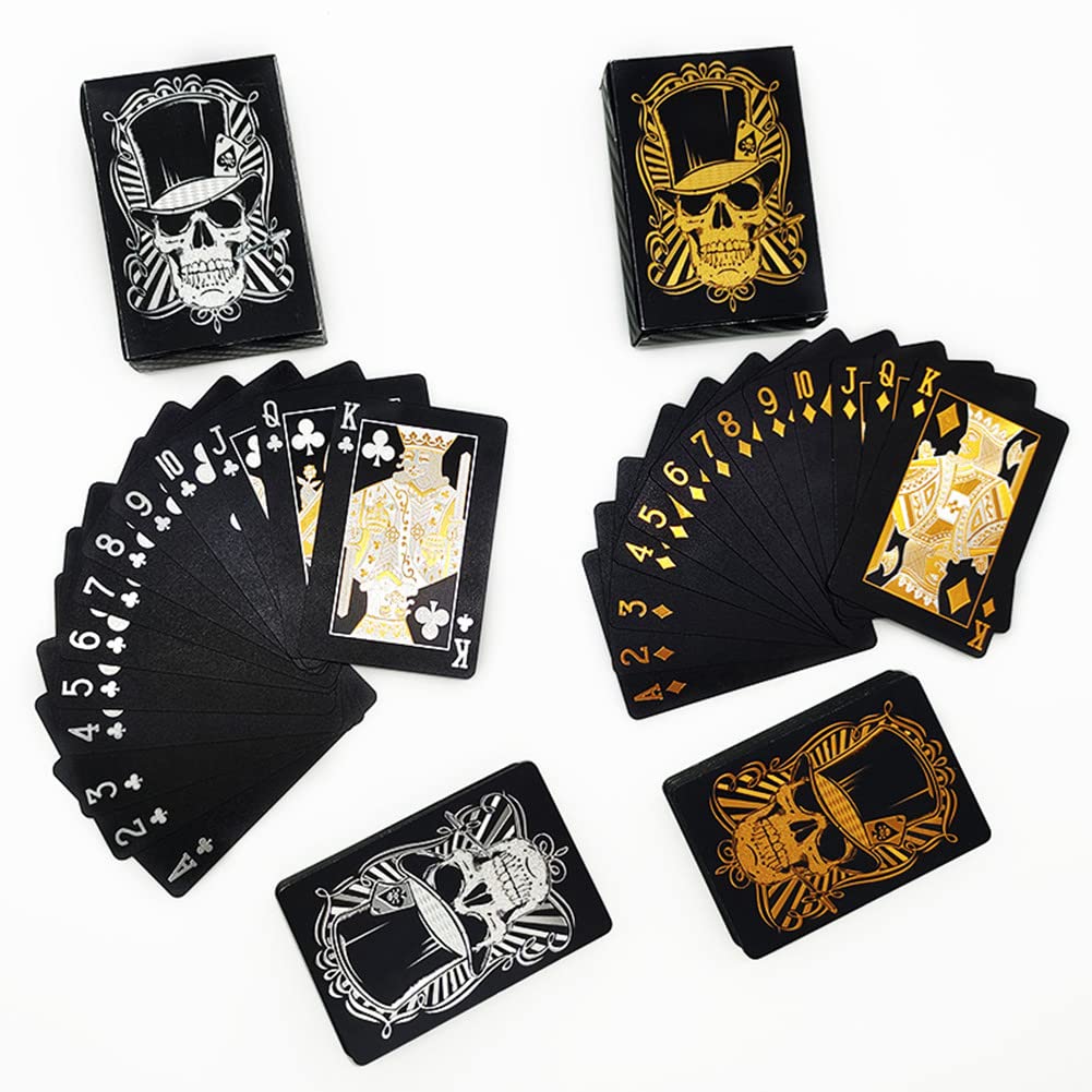 jcoral Cool Black Skull Playing Cards Waterproof Gold Silver Foil Poker Plastic Poker Cards Highly Flexible,2 Decks of Cards