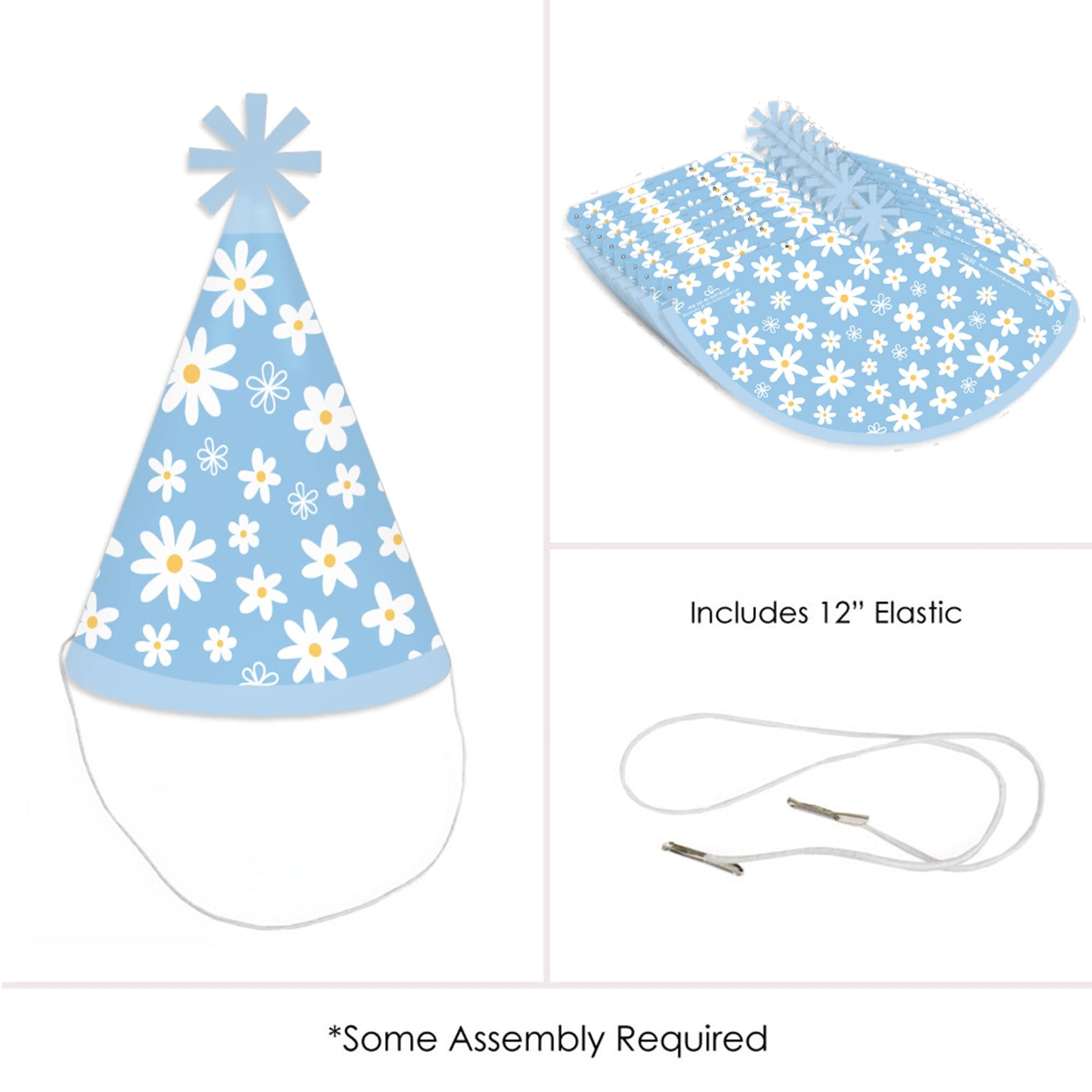 Big Dot of Happiness Blue Daisy Flowers - Cone Happy Birthday Party Hats for Kids and Adults - Set of 8 (Standard Size)