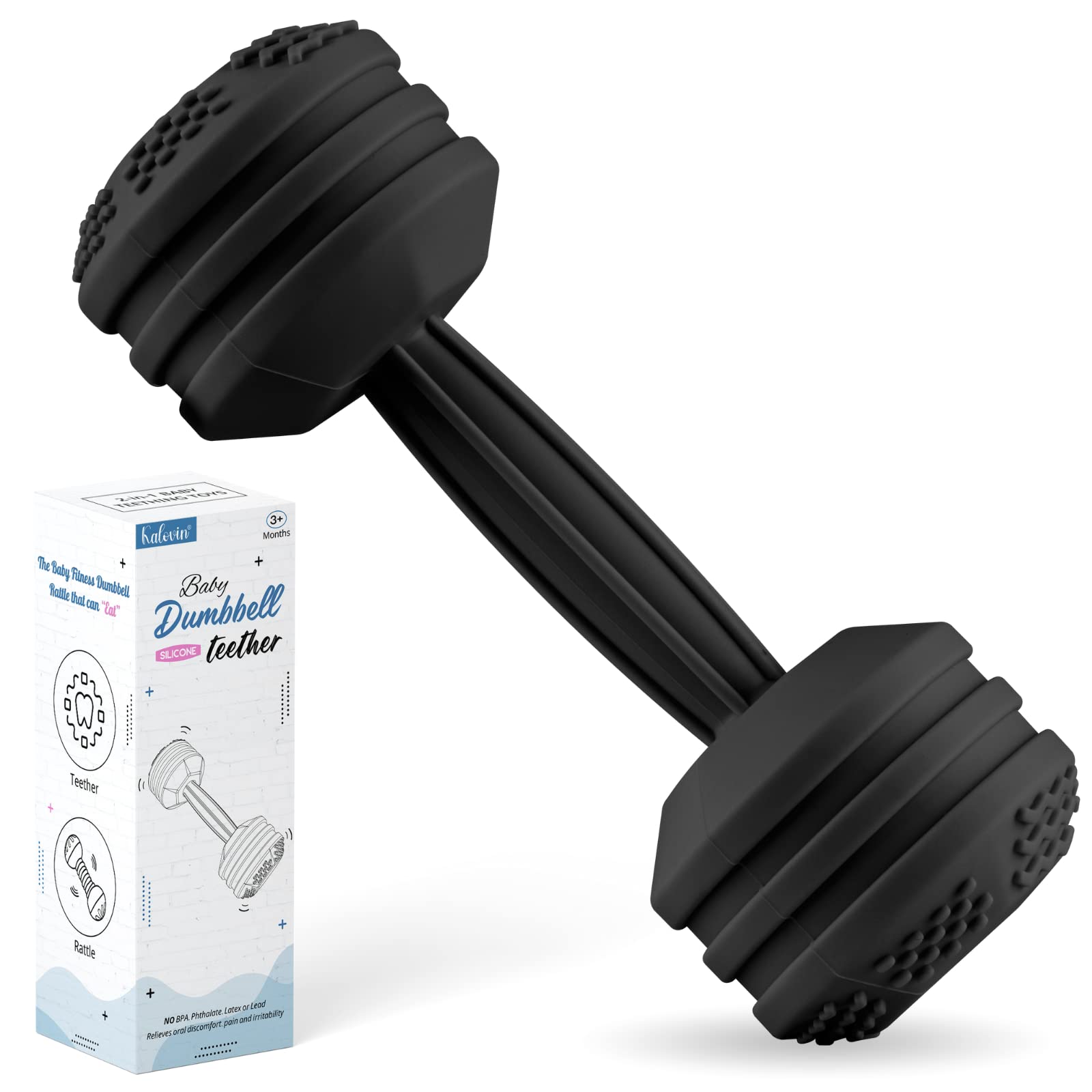Baby Dumbbell Toy - Silicone Dumbbell Teether Toys Weight Rattle Sensory Toy for Babies - Great Gift for Baby and Toddler Girls or Boys (Black)