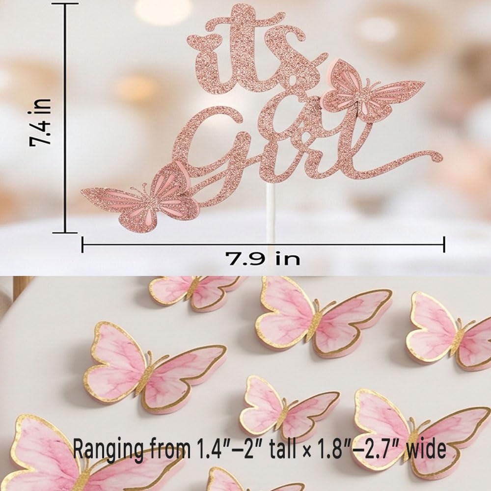 Double Sided Glitter “It’s a Girl” Cake Topper Set, Assembled Rose Gold Cake Topper for Baby Shower with 20 Pink Butterflies Cupcake Toppers, Party