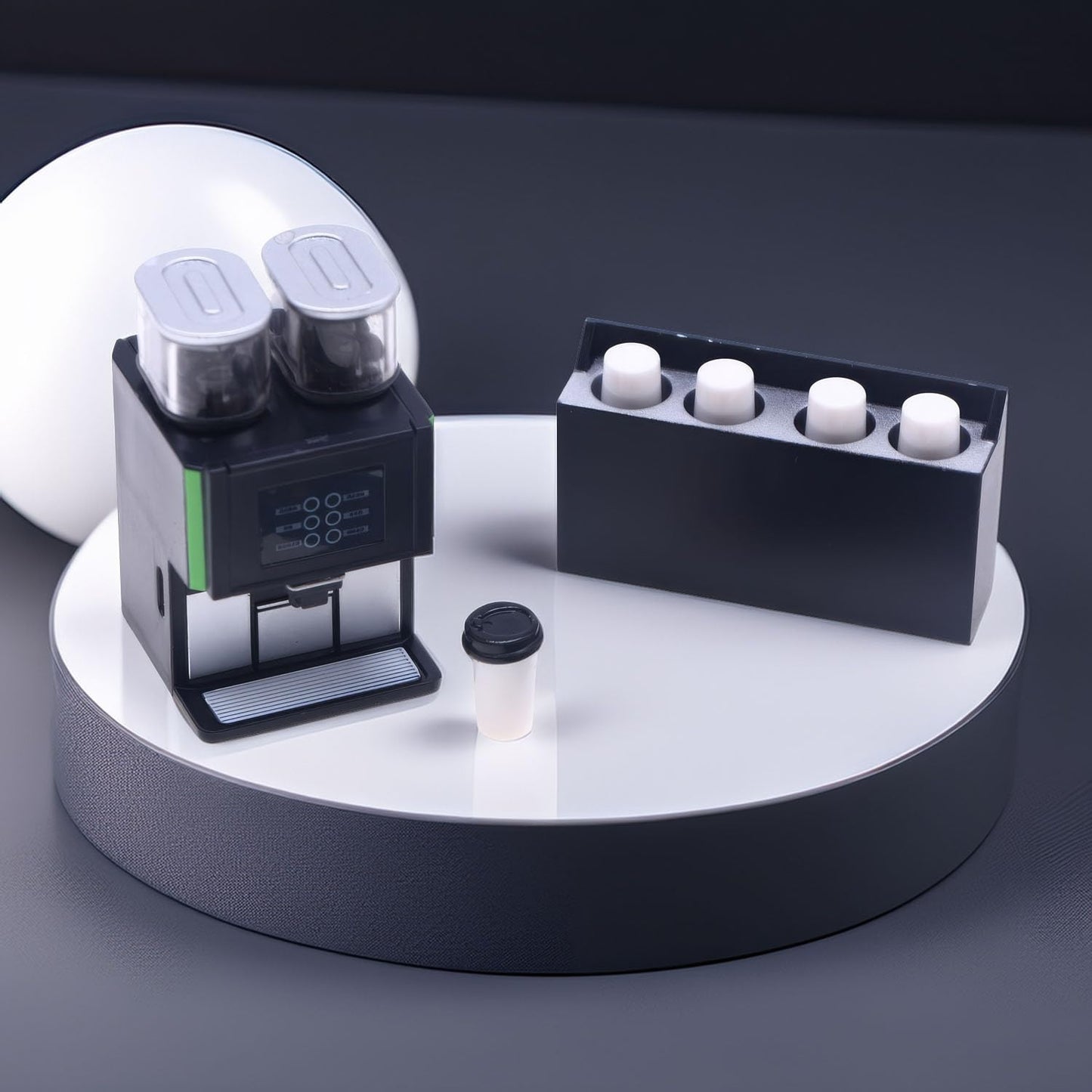 1:12 Scale Miniature Coffee Machine Set, Modern Dual-Hopper Brewer & Cups, Realistic Kitchen Appliance for Dollhouse, Diorama Cafe & Office Scenes