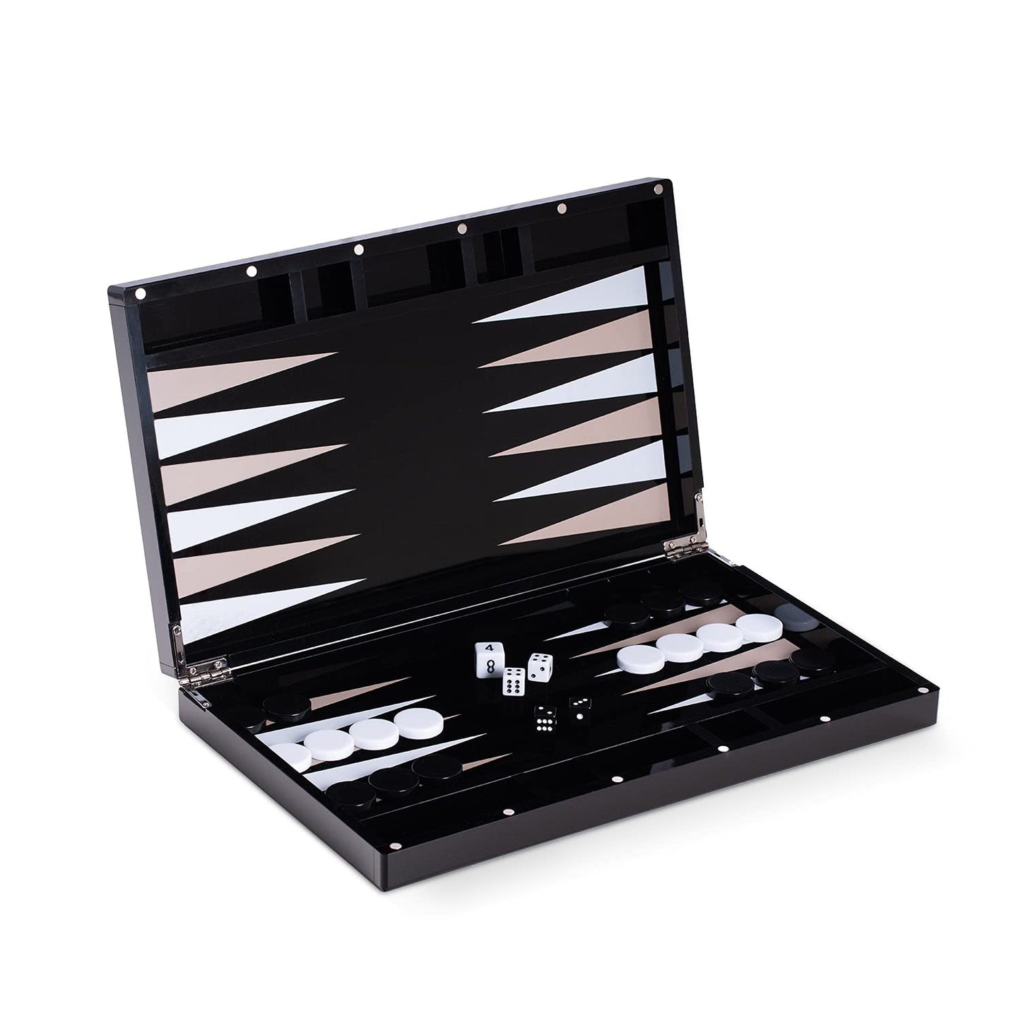 Bey-Berk Damien Acrylic Backgammon Set, 14" Black Lucite Case with Magnetic Closure and Complete Playing Pieces, Sleek Modern Game Display