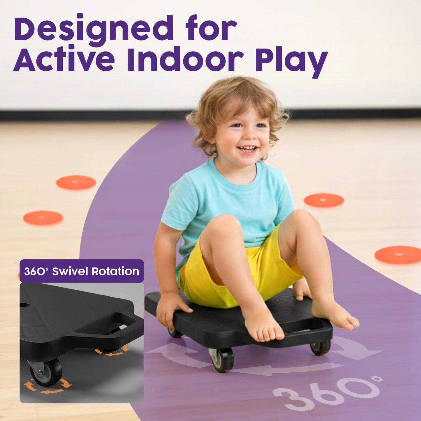 Hurtle Scooter Board for Kids with Safety Handles - Heavy Duty Gym Floor Scooter with 360° Wheels for PE, Indoor Active & Sensory Play - Supports 200