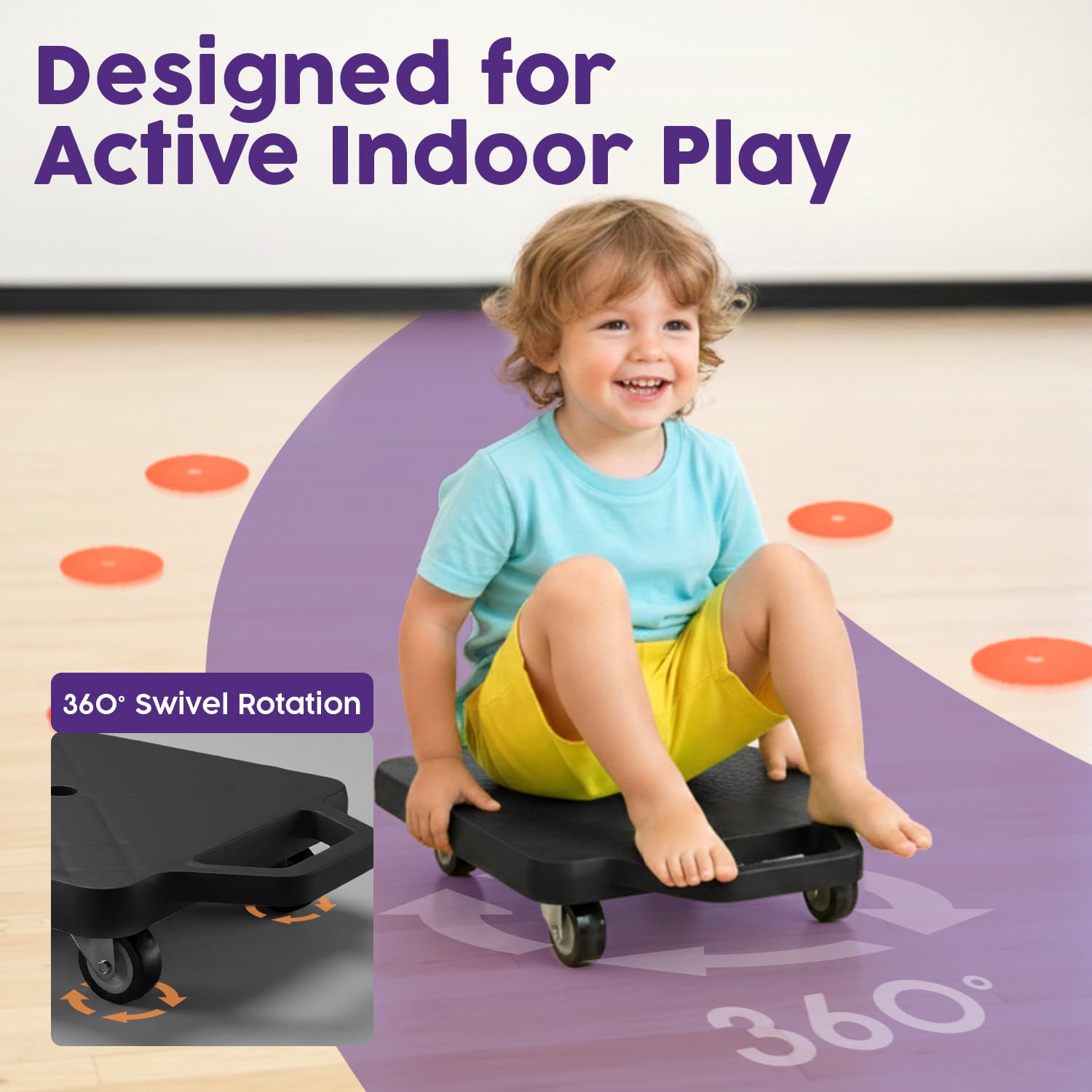 Hurtle Scooter Board for Kids with Safety Handles - Heavy Duty Gym Floor Scooter with 360° Wheels for PE, Indoor Active & Sensory Play - Supports 200