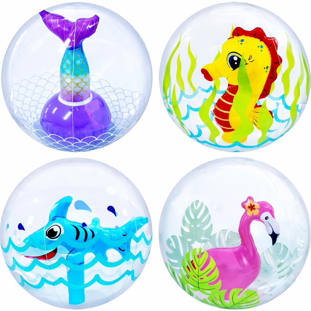 4E's Novelty 3D Beach Balls - 4 Pack 13" Inflatable Pool Toys, Flamingo, Mermaid, Shark, Sea Horse Unique Pool Ball, Ocean Under the Sea Party