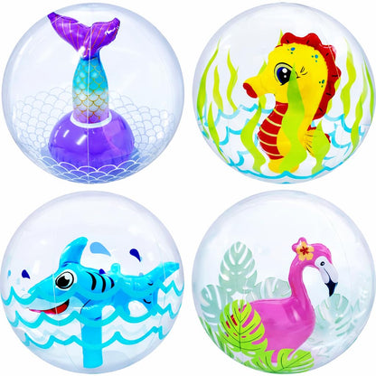 4E's Novelty 3D Beach Balls - 4 Pack 13" Inflatable Pool Toys, Flamingo, Mermaid, Shark, Sea Horse Unique Pool Ball, Ocean Under the Sea Party
