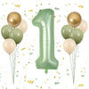 40 Inch Sage Green Number 1 Balloon, Olive Green 1st Birthday Balloons, Retro Sand White Avocado Green Gold Latex Balloons 1 Foil Balloon for Boy Girl