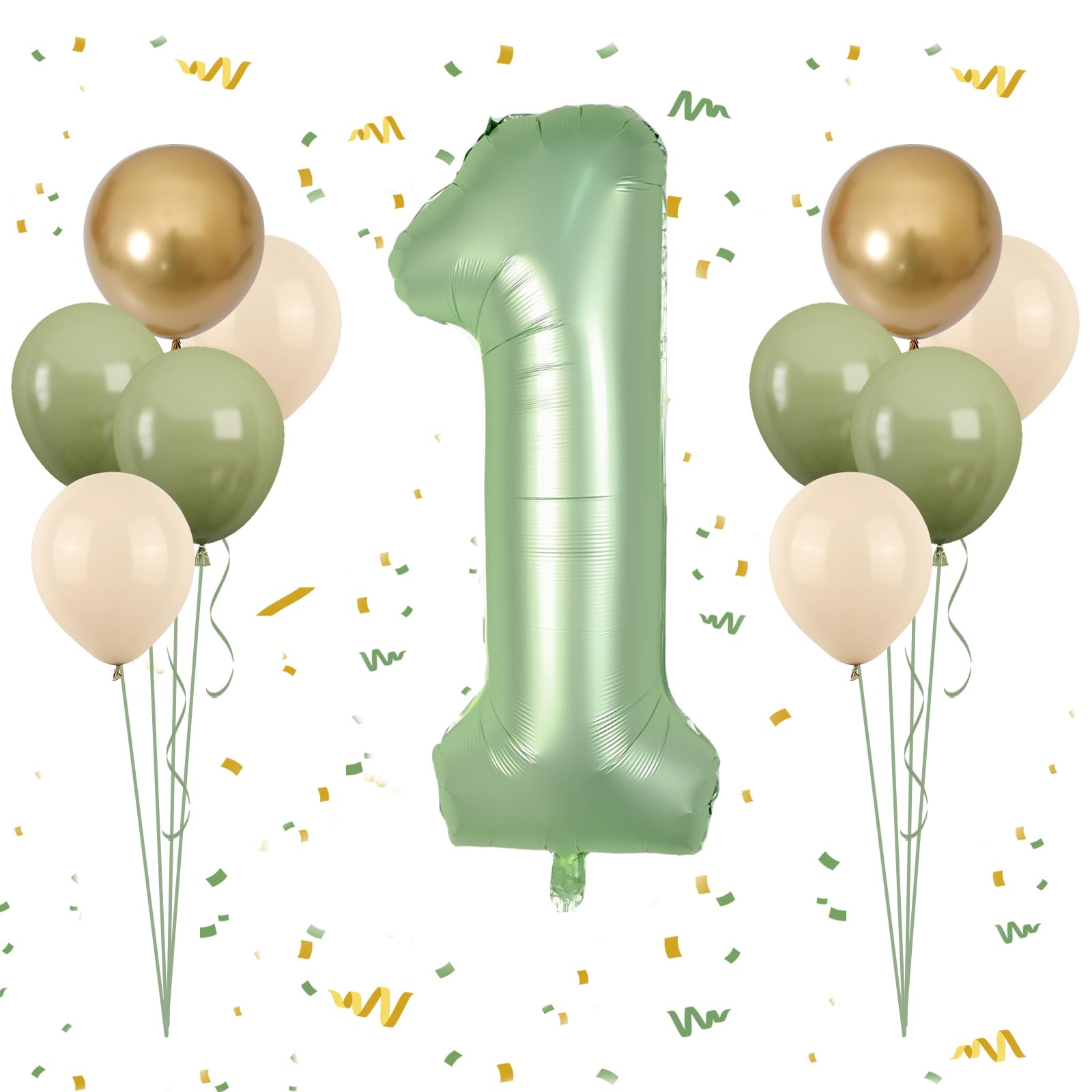 40 Inch Sage Green Number 1 Balloon, Olive Green 1st Birthday Balloons, Retro Sand White Avocado Green Gold Latex Balloons 1 Foil Balloon for Boy Girl