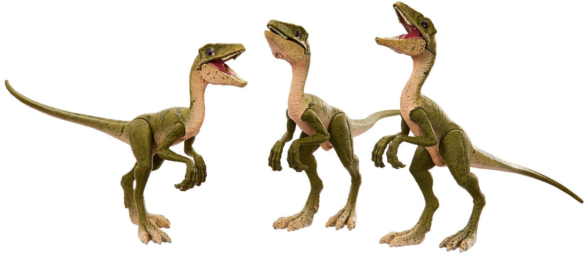 Jurassic World Toys Amber Collection Baby T Rex & 3 Compsognathus Compy Dinosaur Figures Jurassic Park II Toy with Posable Joints, Authentic Look &