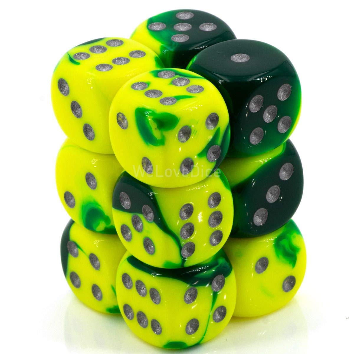 DND Dice Set-Chessex D&D Dice-16mm Gemini Green, Yellow, and Silver Plastic Polyhedral Dice Set-Dungeons and Dragons Dice Includes 12 Dice - D6