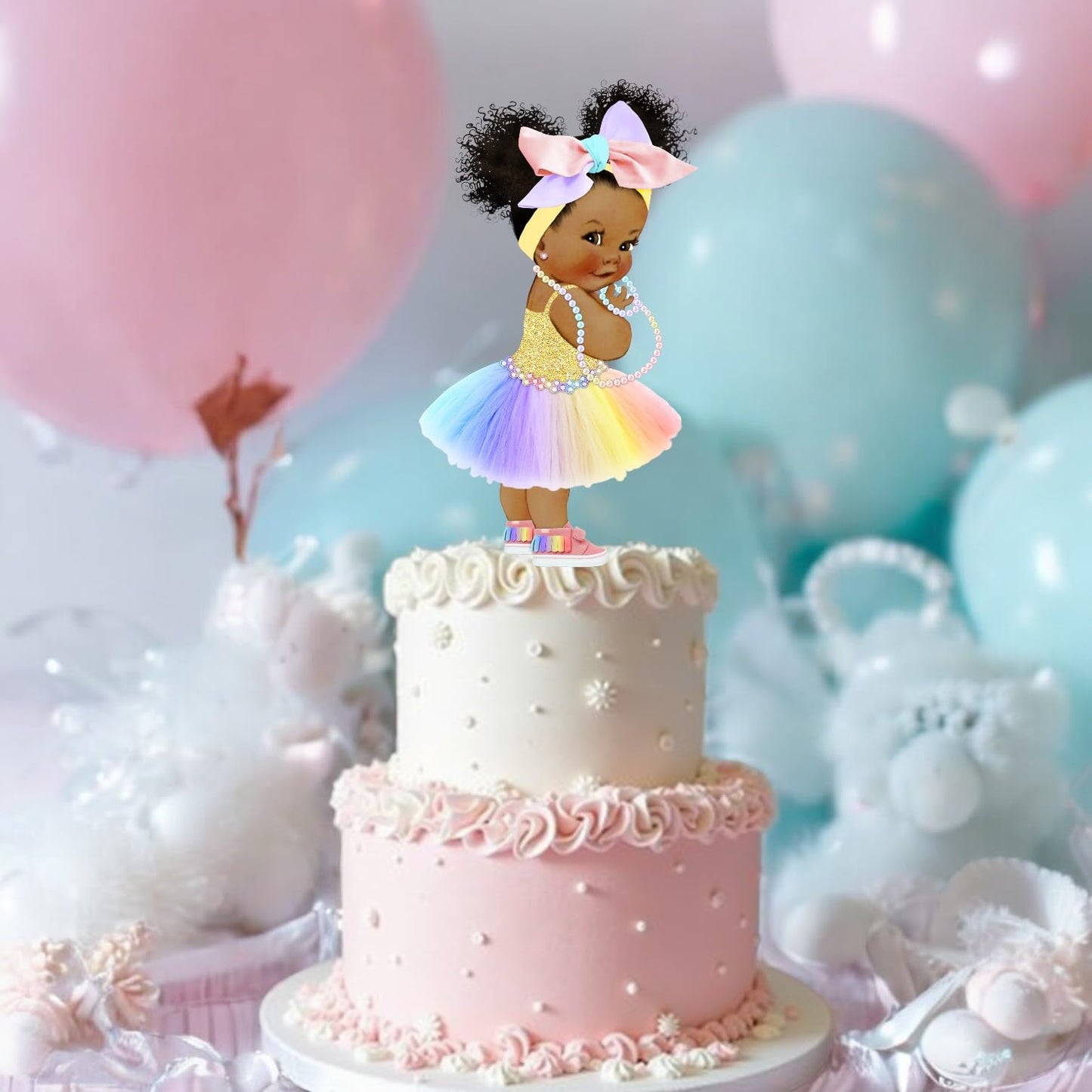 Rainbow Girl African American Centerpieces Table Party Decoration, Toppers Girl with Big Head Bow