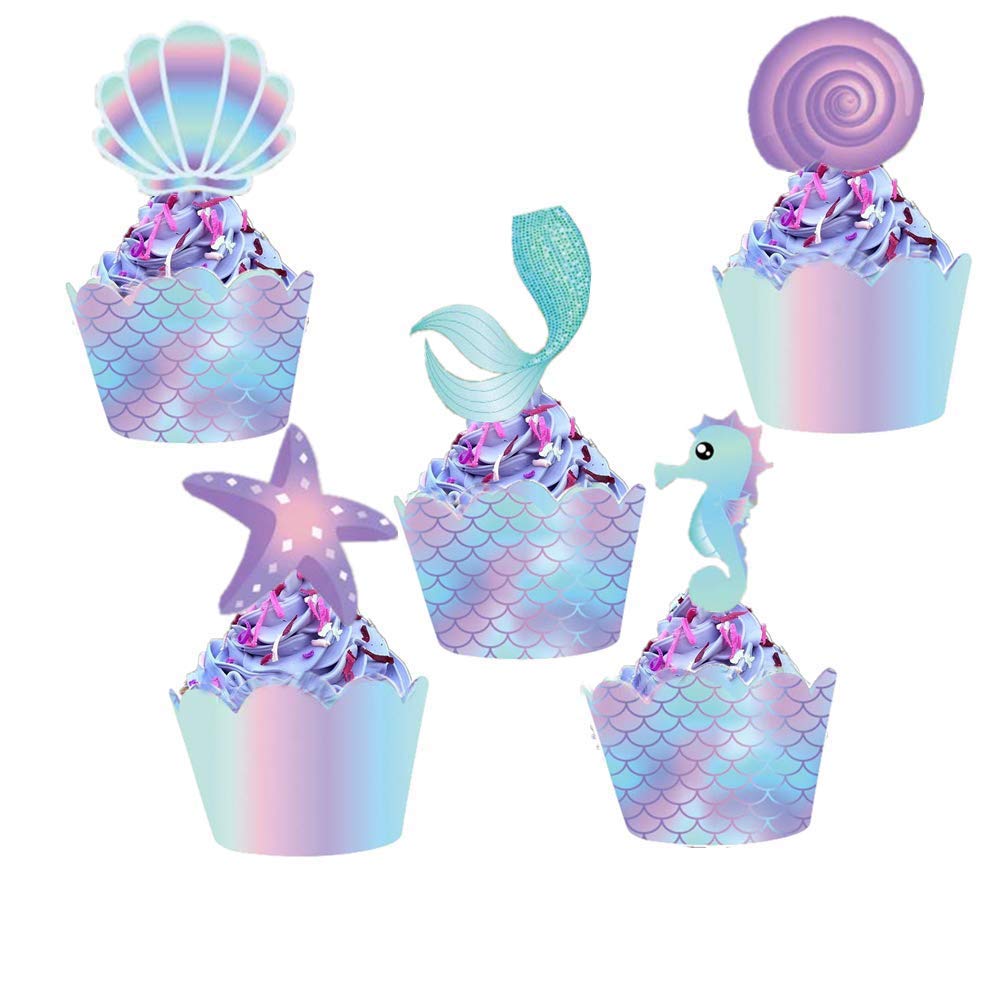 YOMINY Mermaid Cupcake Toppers and Wrappers, 40 pcs Double Side Little Mermaid Theme Decoration,Under The Sea Theme, Baby Shower Birthday Party Favor