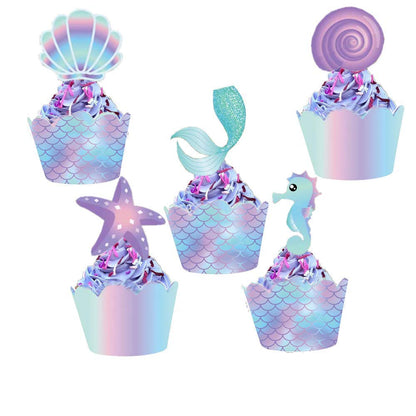 YOMINY Mermaid Cupcake Toppers and Wrappers, 40 pcs Double Side Little Mermaid Theme Decoration,Under The Sea Theme, Baby Shower Birthday Party Favor