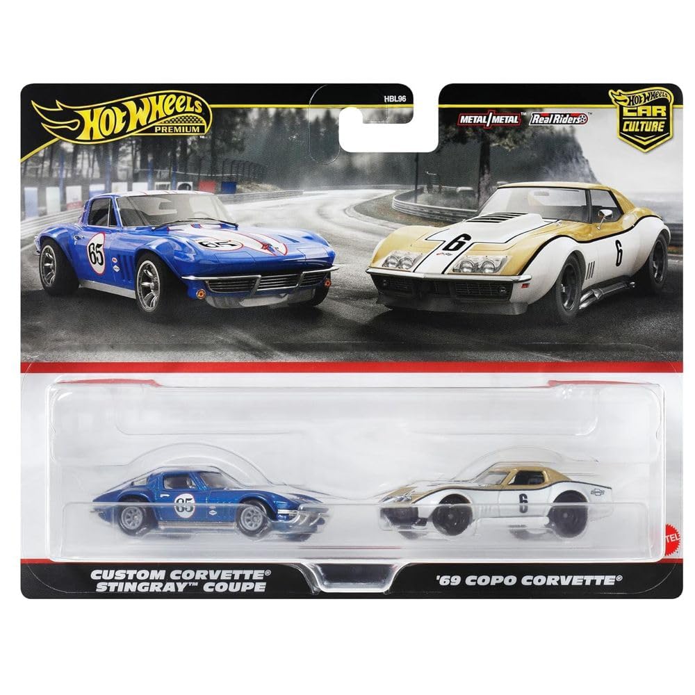 Mattel Hot Wheels HRR80 Premium 2 Pack '69 COPO Corvette/Custom Corvette Stingray Coupe Vehicle Toy Mini Car 3 Years Old Blue