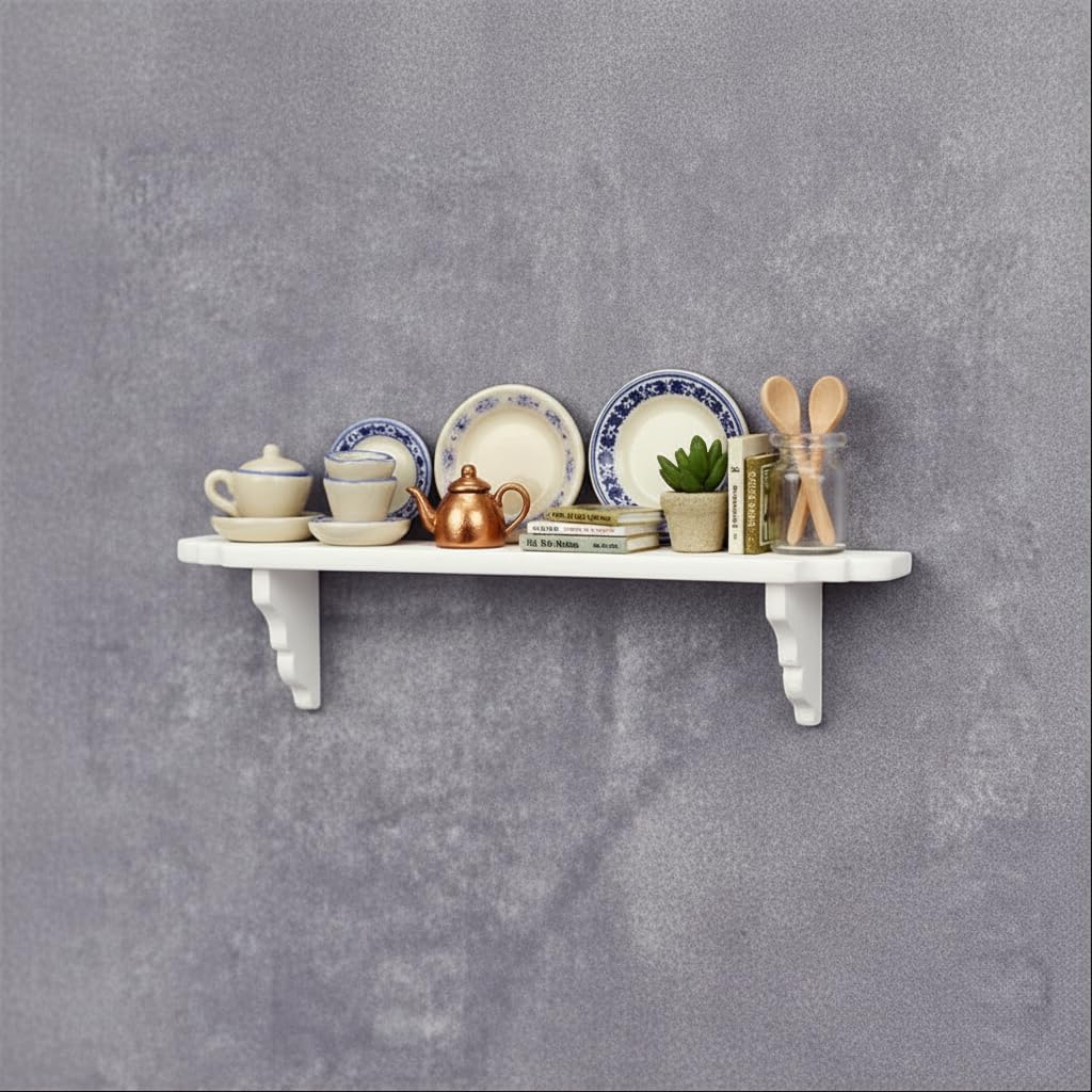 Calsgkspray Dollhouse Wall Shelf, 1:12 Scale Miniature Dollhouse Accessories, White Doll House Storage Wall Shelf for Kitchen Scene