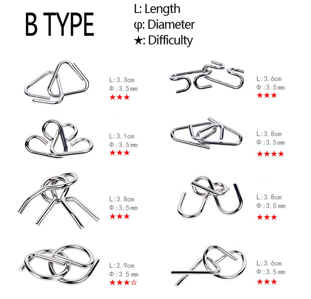 TANCH 16 PCS Type A+B Different Brain Teaser Metal Wire Puzzles IQ Challenge Magic Trick Unlinking & Linking Game Toys for Kids and Adults