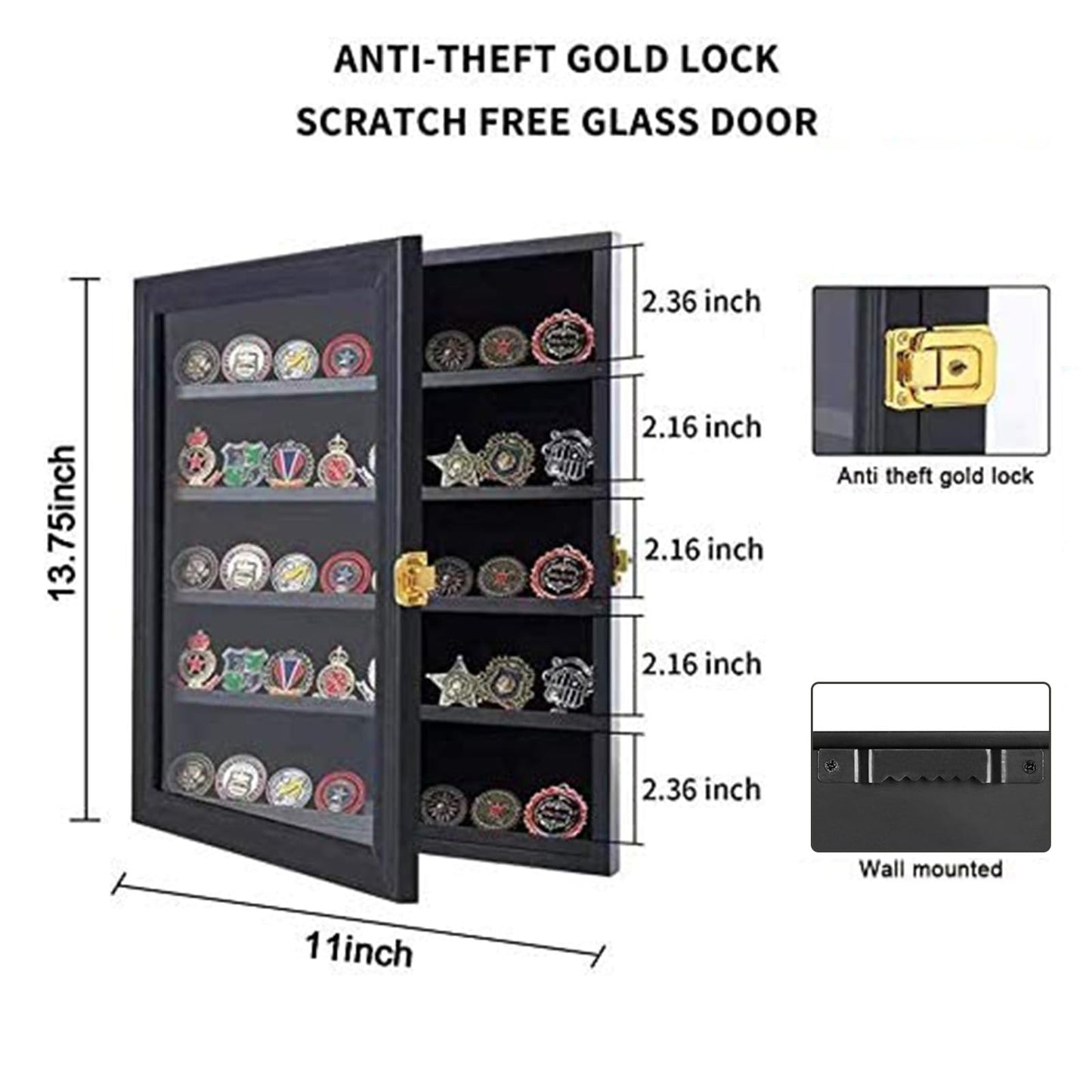 Jinchuan Military Challenge Coin Display Case Lockable Cabinet Rack Holder Shadow Box with Removable 2 Grooves Shelves and Anti Dust Door for Casino
