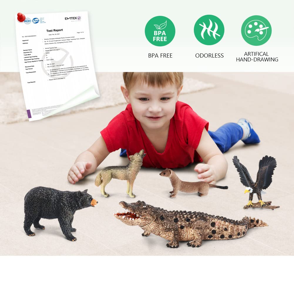 Volnau Safari Animal Figurines Toys 7PCS North America Figures Zoo Pack for Toddlers Kids Christmas Decoration Gift Preschool Educational Moose Wolf