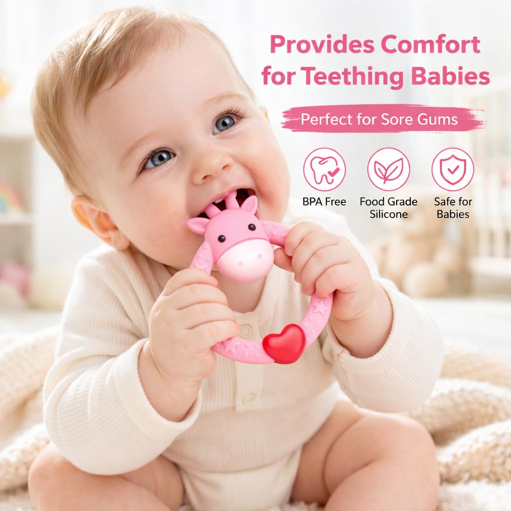 SHARE&CARE BPA Free Silicone Giraffe Baby Teether Toy with Storage Case, for 3 Months Above Infant Sore Gums Pain Relief and Baby Shower, Baby