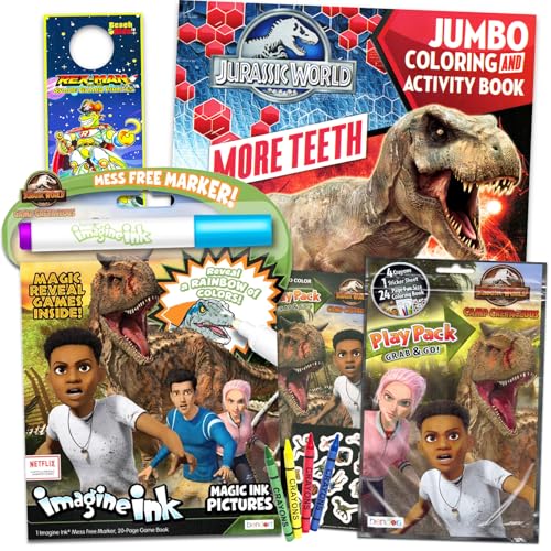 Jurassic World Camp Cretaceous Coloring Book Set with Stickers ~ Bundle with Chaos Theory Dino Coloring and Activity Book, Imagine Ink, Play Pack,
