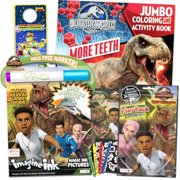 Jurassic World Camp Cretaceous Coloring Book Set with Stickers ~ Bundle with Chaos Theory Dino Coloring and Activity Book, Imagine Ink, Play Pack,