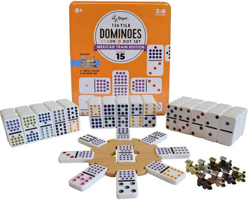 Regal Games Mexican Train Double 15 Dominoes Set for Adults & Kids - Domino Game with 136 Tiles Colored Dots & 8 Metal Trains - 2-8 Player Games