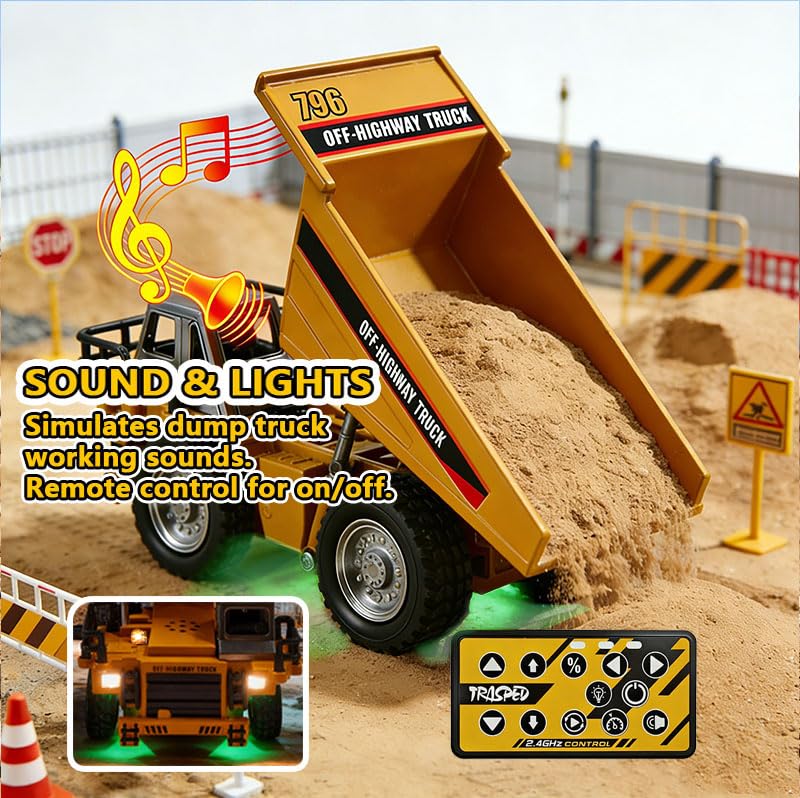 PLIXYRCPL 1:64 Mini RC Dump Truck Toy, Alloy Metal Construction Vehicle with App & Remote Dual Control, Variable Speed, LED Lights & Sound, RC