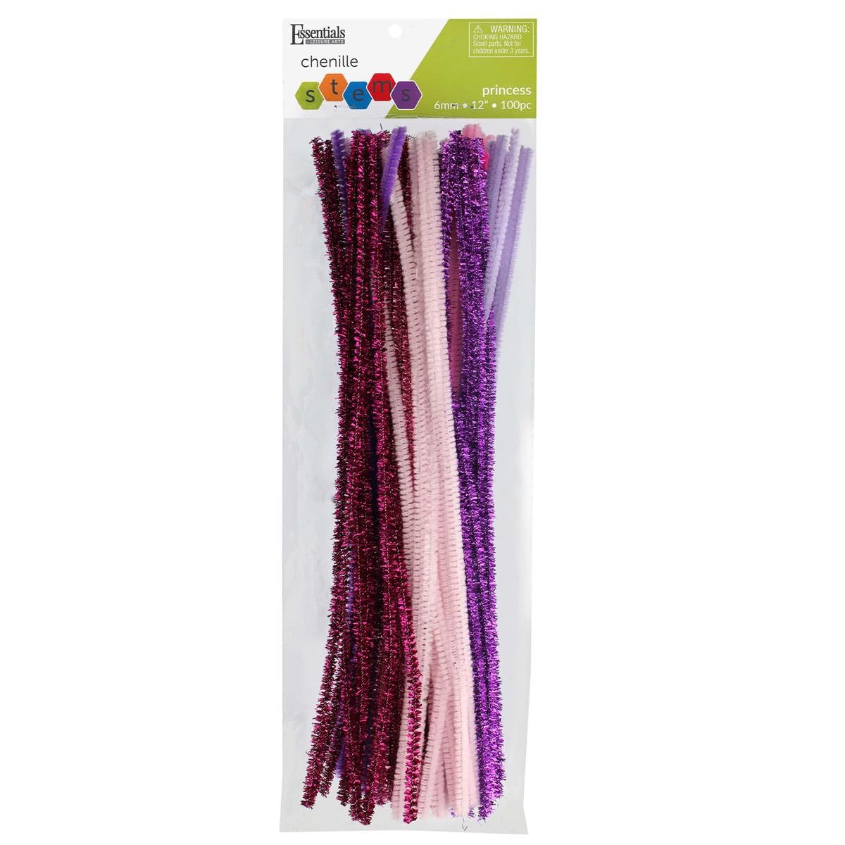 Essentials By Leisure Arts Princess Assorted Chenille Stems 12 Inch 6mm, Bendable Craft Pipe Cleaners in Pink and Purple Shades for DIY Projects, 100