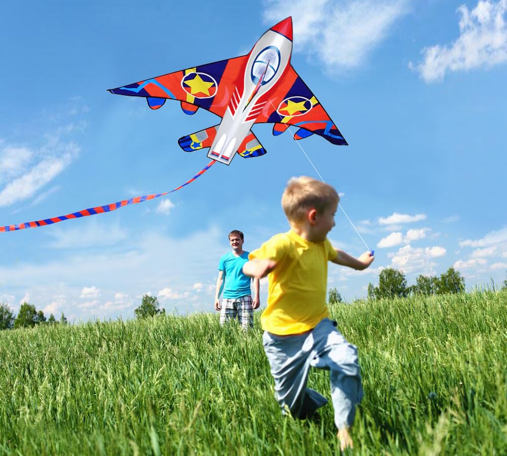 HONBO 58" Fighter Plane Kites for Kids Easy to Fly, Kites for Adults, with Kite Reel and 200ft String, Beginner Kite for Beach Trip