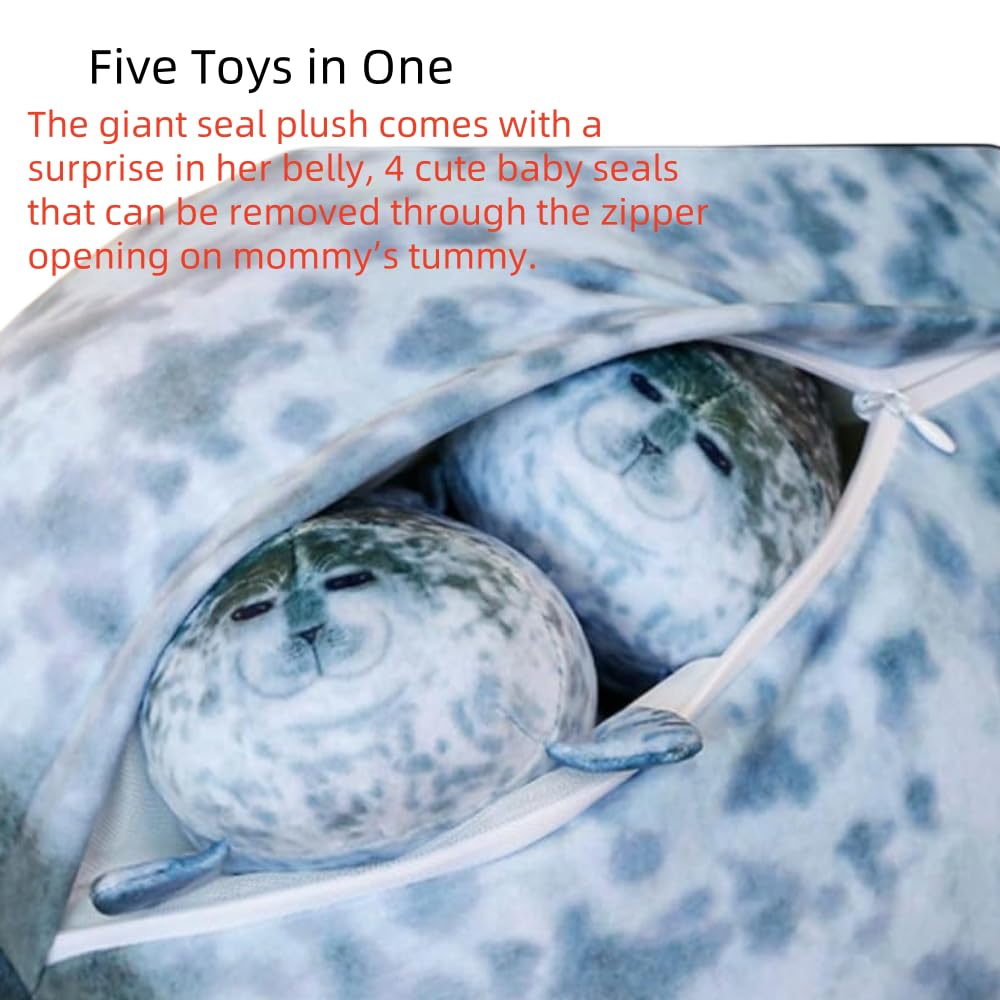 TONGMAN 19.6Inch - Chubby Blob Seal Pillow Cute Seal Plush with 4 Baby Plushies in Her Tummy, Soft Cotton Stuffed Animals Toy - Kids Gifts