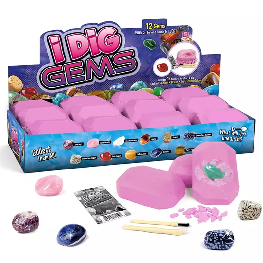 Liberty Imports 12-Pack Gem Digging Kit for Kids - Exciting Gemstone Mining Adventure - Educational STEM Crystal and Mineral Excavation - Party Favor