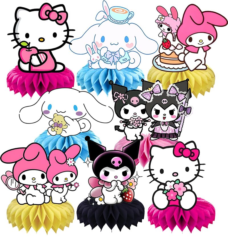 8Pcs Kawaii and Friends Honeycomb Table Centerpiece,Cats and Friends Birthday Party Supplies Table Decorations for Kids Party Decorations