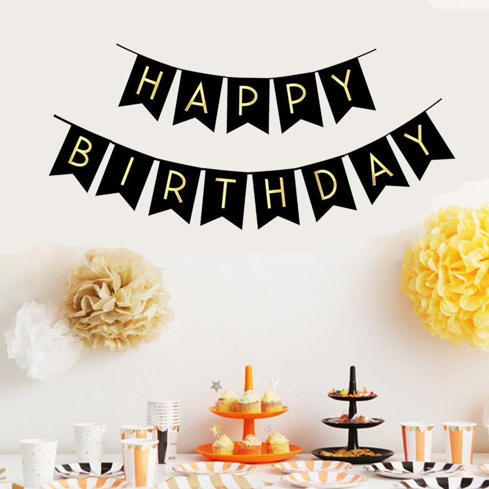 Fecedy Black Happy Birthday Bunting Banner with Shiny Gold Letters Pre-Strung No DIY for Birthday Party Decorations (Black)