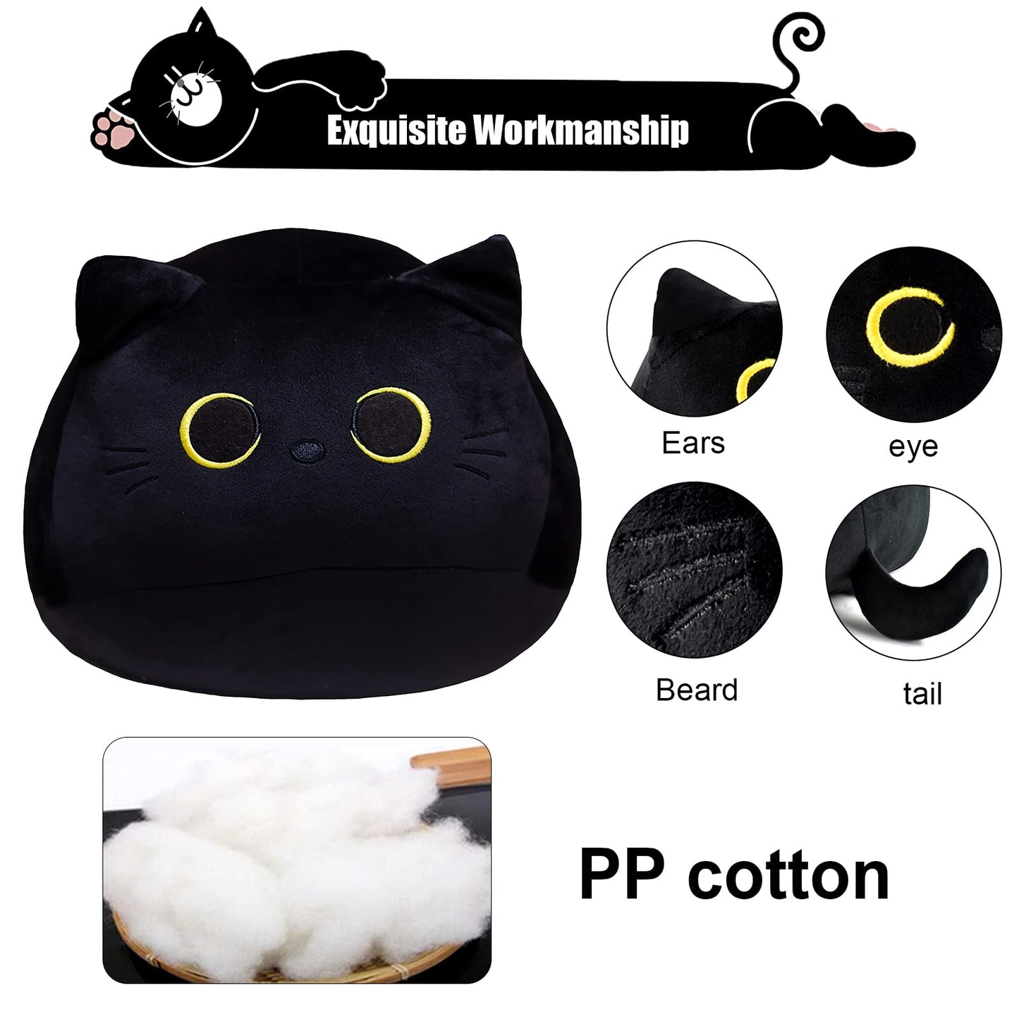 AudeRhine 10'' Cute Black Cat Plush Toys, Soft Pillow Squishy Plushies, Kawaii Cat Stuffed Animals for Home Decoration, Gift for Cat Lovers, Kids