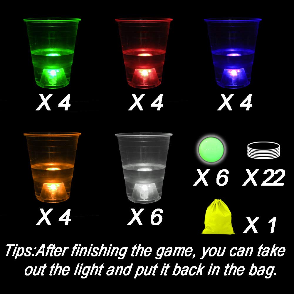 Glow in the Dark Beer Pong Set, Party Games for Beer Pong Table, 22 Light up Cups (5 Colors), 6 Glow Balls, 22 LED Lights, Storage Bag, Night Games