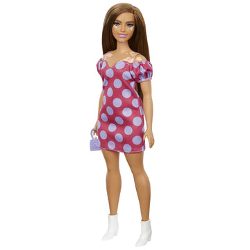 Barbie Fashionistas Doll #171, Curvy, Vitiligo, Long Brunette Hair, Off-Shoulder Polka Dot Dress, Purple Purse, White Boots,Toy for Kids 3 to 8 Years