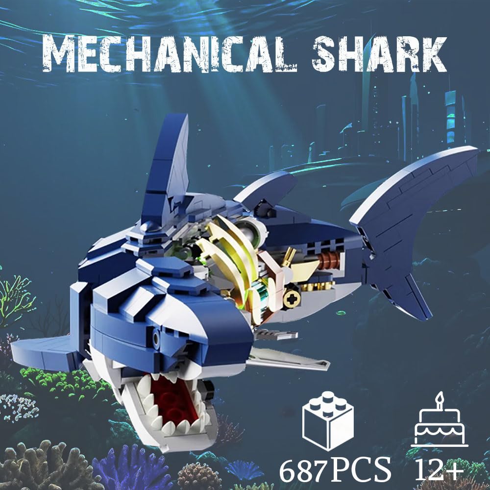 RyovSeno Mechanical Shark 687 PCS Building Set,Ideas Ocean Animal Building Block Toy with LED Lighting and Rotatable Link Components,Home Decor Gift