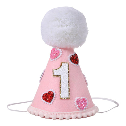 YOUAME Pink Heart Party Hat - Girls 1st Valentine Birthday Party Decorations,Love Day Cone Hat,1st Year Party Decors, One Birthday Crown Outfit