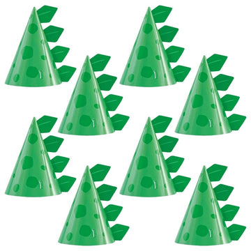 Unique Green Cone-Shaped Dinosaur Cardstock Party Hats (Pack of 8) - Perfect for Kids' Birthdays & Dino-Themed Celebrations
