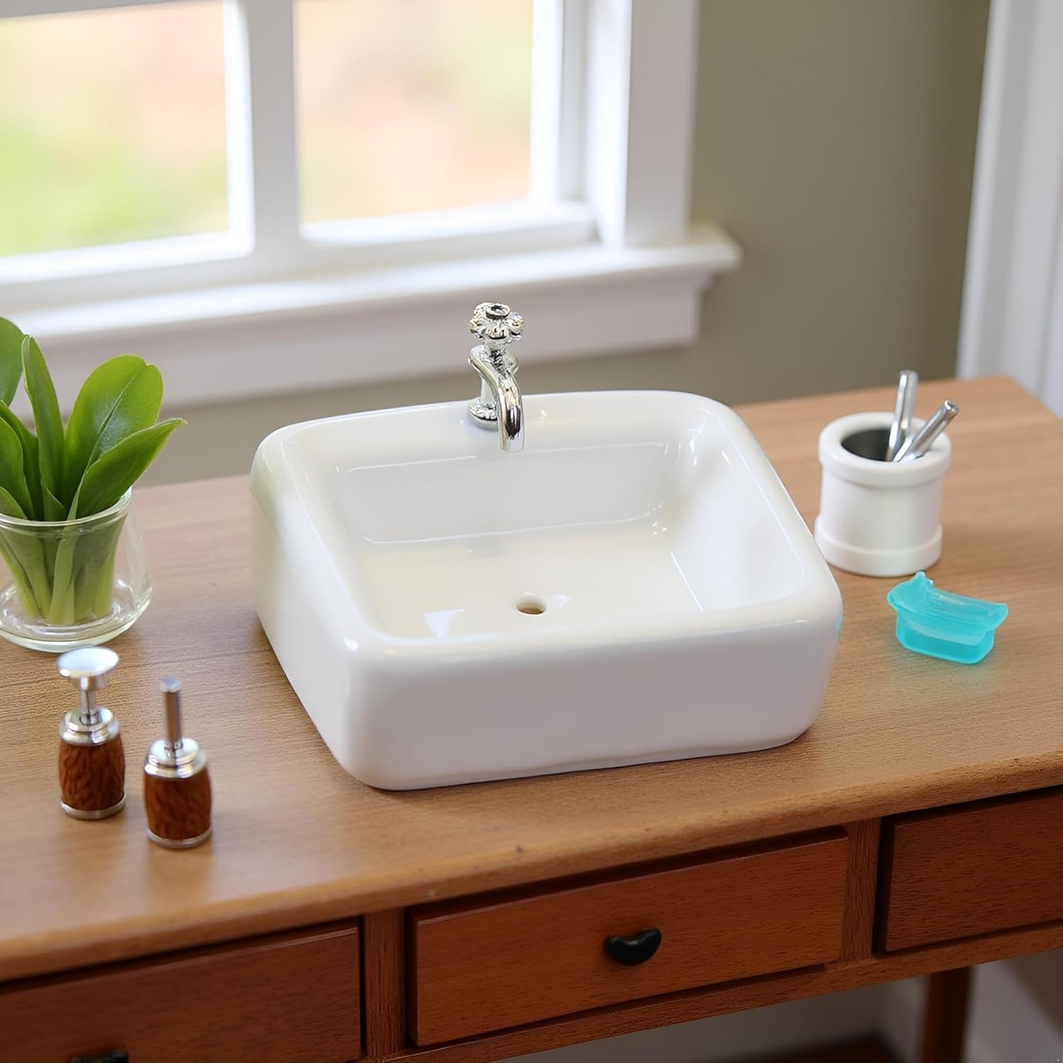 1:12 Scale Ceramic Sink with Removable Faucet - Miniature Dollhouse Bathroom and Kitchen Accessories for Victorian Style Decor, Realistic Doll House