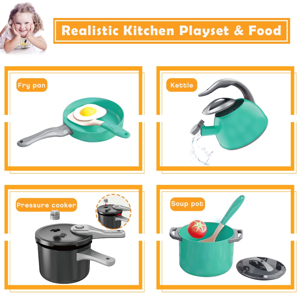 Bruvoalon 32Pcs Kids Play Kitchen Toys Set, Toddlers Pretend Cooking Playset Acccessories with Pots Pans, Utensils Cookware, Foods, Canned Veges