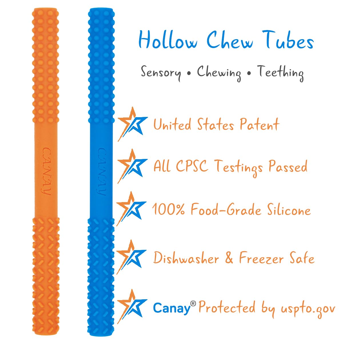 Hollow Chew Tubes Sensory Chew Toys for Autistic Children(2 Pack), Alt. to Chew Necklaces for Sensory Kids, Teething, Oral Motor Stimulation, ADHD