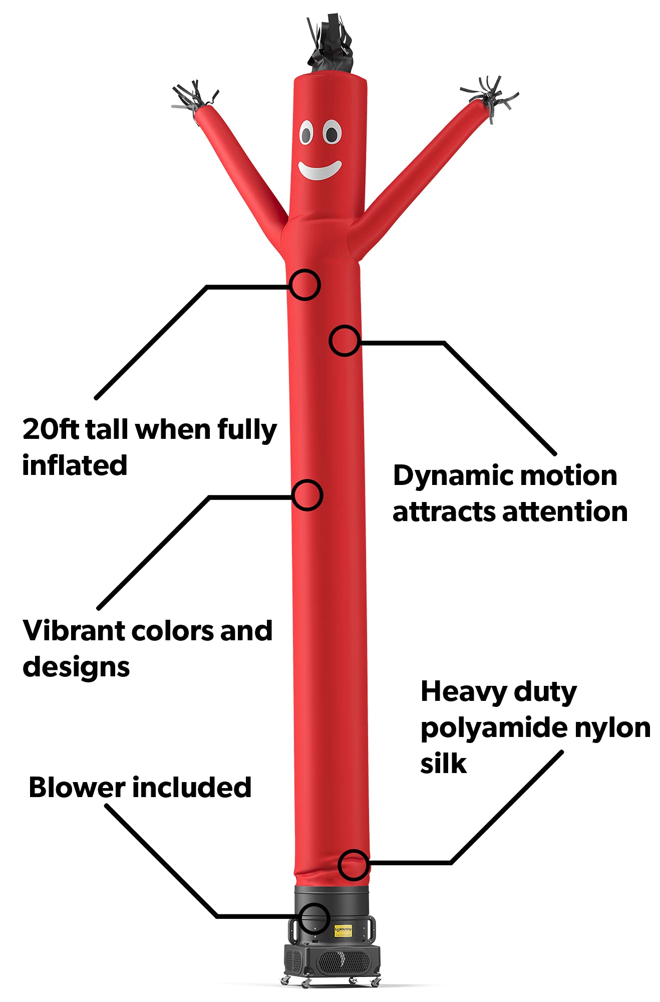 LookOurWay Air Dancers Inflatable Tube Man Set - 20 Feet Tall Wacky Waving Inflatable Dancing Tube Guy with 1 HP Blower for Business Promotion - Red