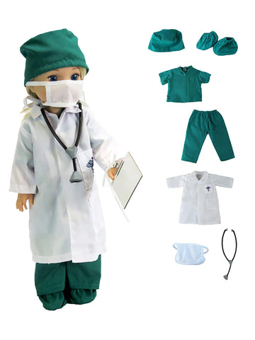 Green Doctor Outfit 7pc for 14-Inch Dolls | Premium Quality & Trendy Design | Dolls Clothes
