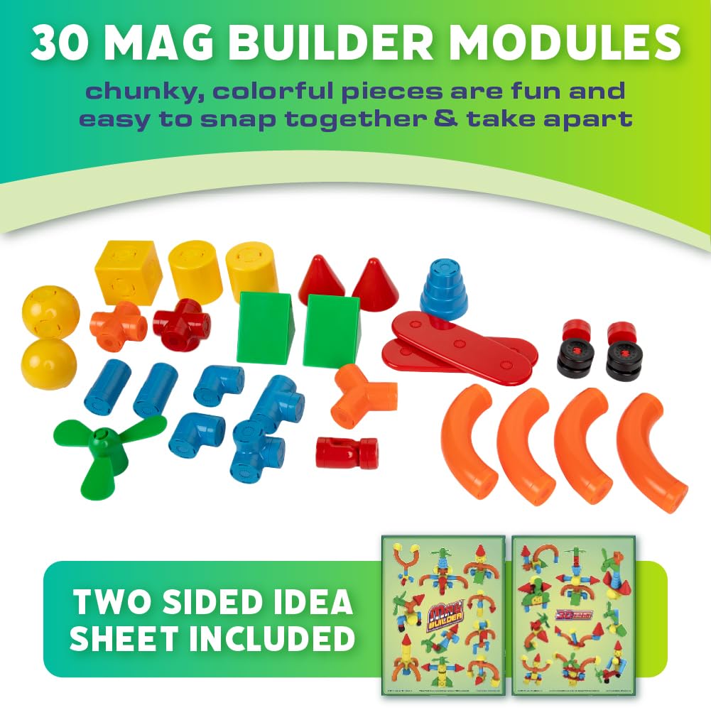 POPULAR PLAYTHINGS Mag Builder Building Set, Magnetic Connecting Toy for Kids Imagination and Creative Play, Crazy Shapes Gift for Children - 30 Piece