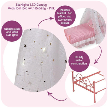 Badger Basket Starlights Metal Doll Bed - LED Canopy Bed Set Fits 18 Inch Dolls - Includes Mesh Drapes Decorative Pillows Reversible Blanket - Pretend