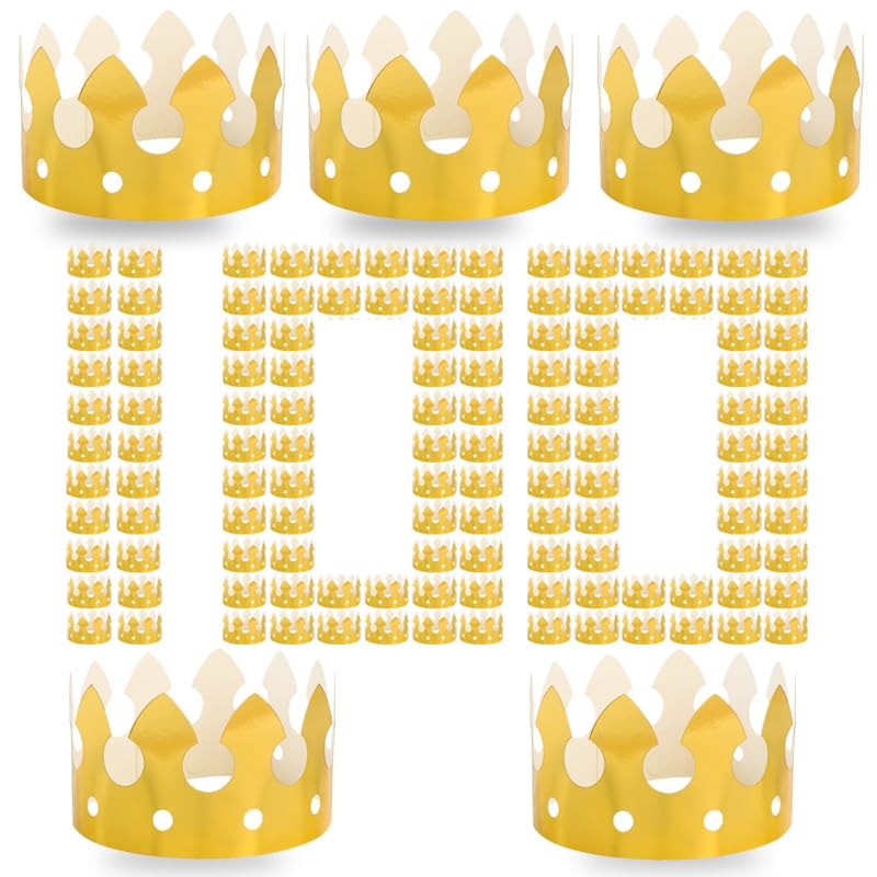 100-Piece Gold Adjustable Paper Crowns with DIY-Size Design, Exclusive for Kids' Birthday Parties & Family Gathering Decorations (Retro Style)